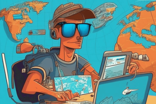 Cartoon of a digital nomad looking at tips