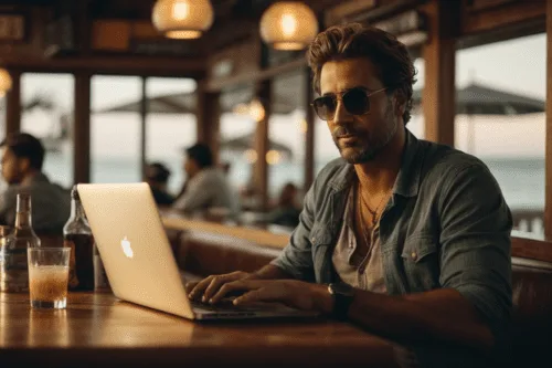 Man working on laptop at bar
