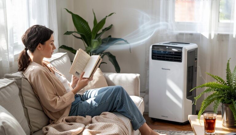 Best Quietest Portable Air Conditioners 2025 + Noise Levels 8 Quietest Portable Air Conditioners - Woman relaxing at home