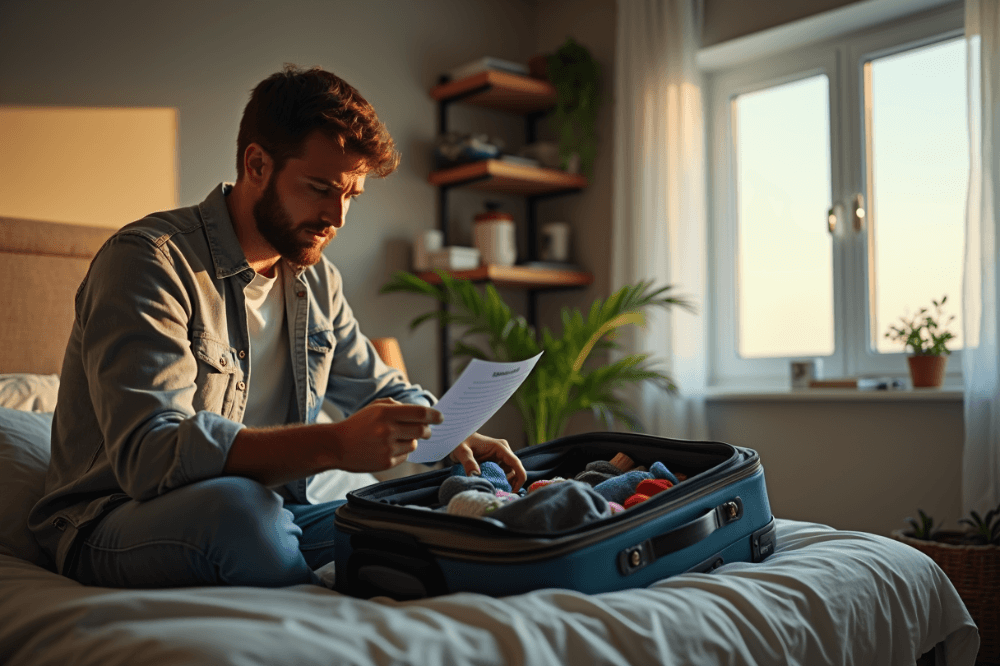 What to Pack for a Week Long Trip + Checklist 1 MAN PACKING A BAG FOR A WEEK LONG TRIP LOOKING AT A CHECKLIST