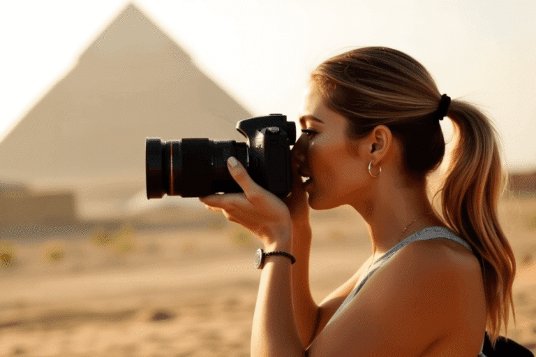 Best Zoom Lenses for Travel Photography 2025 1 Girl using a zoom lens for travel at the pyramids