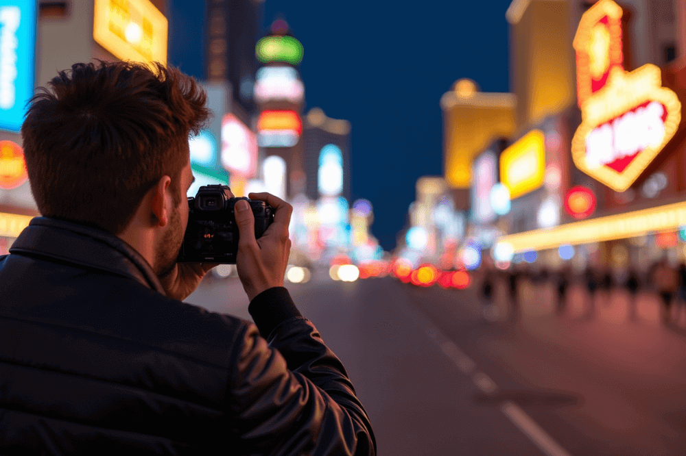 Best Zoom Lenses for Travel Photography 2025 7 Man taking a photo with a zoom lens while traveling in las vegas