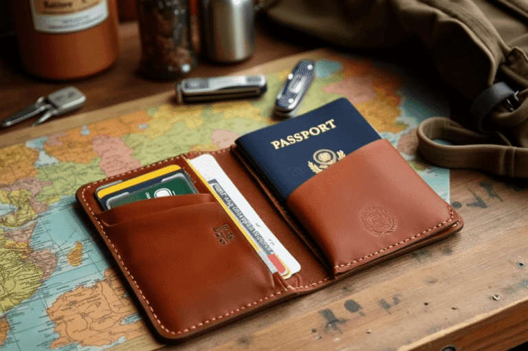 Leather wallet with passport and cards