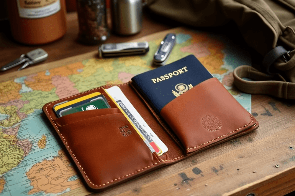 Leather wallet with passport and cards