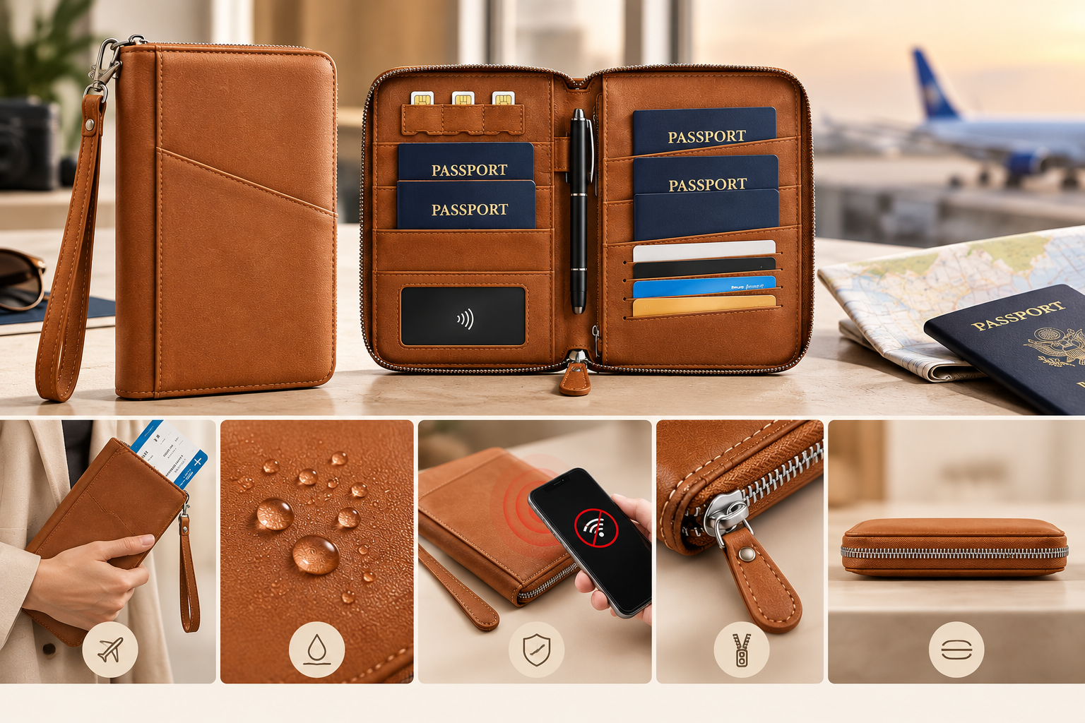 Family Passport Holder dark brown leather with world map design