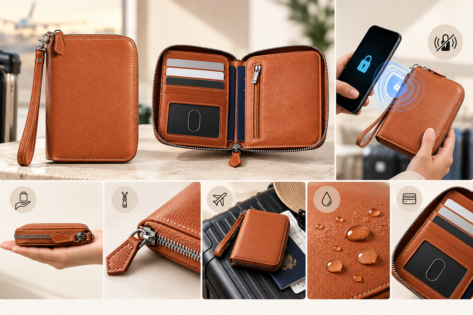 Leather RFID Passport Case with AirTag holder